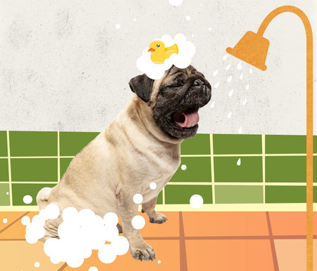 Contemporary art collage, modern creative design. Idea, inspiration, care, trend magazine style. Dog taking showの写真素材