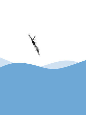 Young man, swimmer jumping, diving into the ocean, sea. White and blue. Contemporary artworkの写真素材