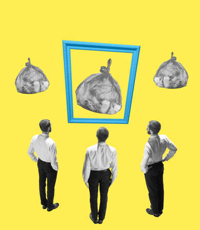 Modern design, contemporary art collage. Inspiration, idea, trendy urban magazine style. Three man...