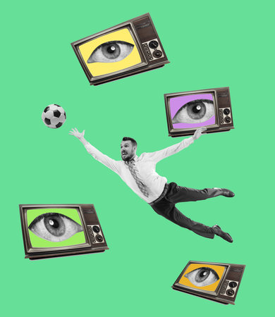 Modern design, contemporary art collage. Inspiration, idea, trendy urban magazine style. Young man jumping among retro tv setsの写真素材