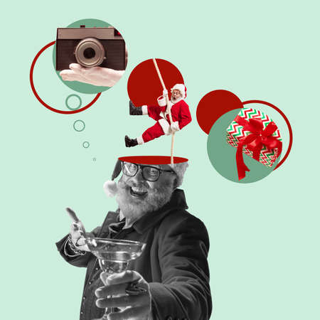 Contemporary art collage, modern design for greeting card. Emotional Santa Claus congrats on New...