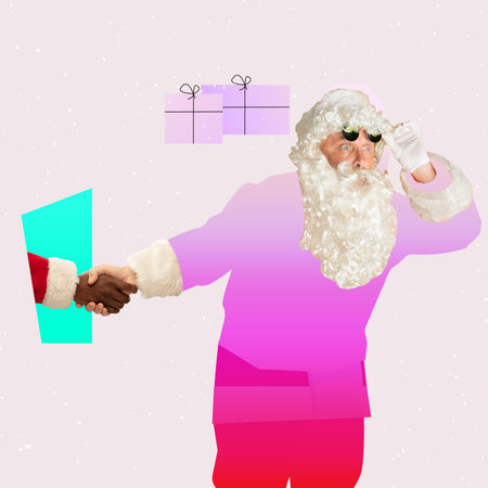Contemporary art collage, modern design for greeting card. Digital Santa Claus congrats on New Year 2022 and Christmas.の写真素材