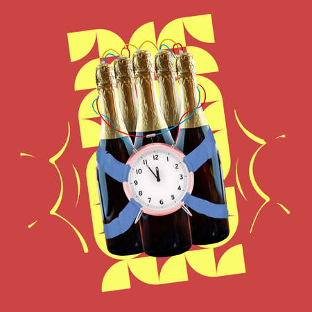 Contemporary art collage, modern design. Happy New Year greeting card. Concept of Christmas, 2022...