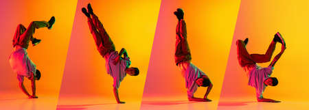 Collage with young sportive man, break dance, hip hop dancer practicing in casual clothes isolated over gradient pink yellow backgroundの写真素材