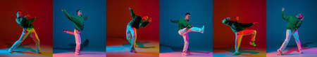 Vertical flyer with young sportive man, break dance, hip hop dancer practicing in casual clothes...