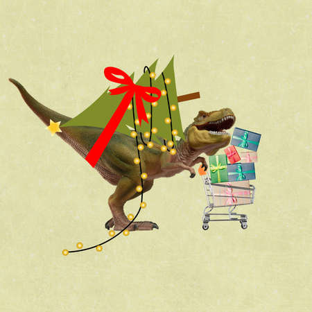 Contemporary artwork collage. Funny toy dinosaur preparing for New Years holidays isolated on light background. Funny image montage.の写真素材