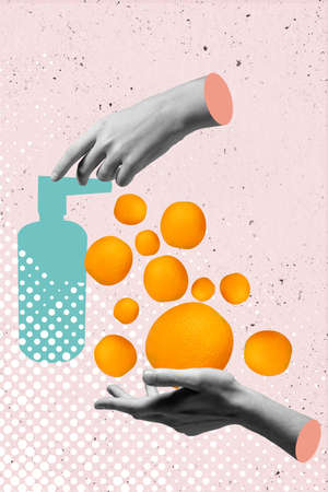 Hand sanitizer and abstract male hand in trendy style. Covid-19. Winter vitaminsの写真素材