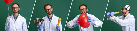 Set of comic portraits of young man wearing white gown and protective gloves having fun isolated on...