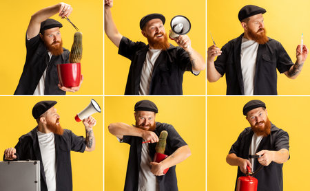 Collage of comic portraits of stylish red-bearded man, barber in black cap having fun isolated over yellow background.の写真素材