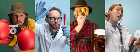 Collage made of images of chemist, waiter, doctor and cameraman isolated on green and blue studio...