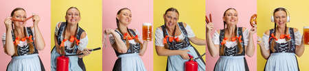 Collage made of photos of emotional woman, waitress wearing a traditional Bavarian or german dirndl screaming isolated on yellow studio background.の写真素材