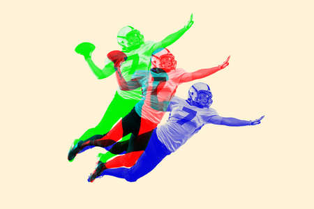 Artwork. Male american football player in motion, flying with ball with glitch duotone effect. Young...