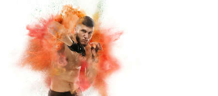 Collage with professional male MMA boxer in motion in explosion of multicolored neon powder isolated...