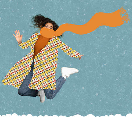Modern design, contemporary art collage. Inspiration, idea, trendy urban magazine style. Girl wearing warm winter clothesの写真素材