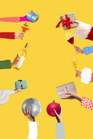Contemporary artwork. Greeting flyer for ad. Concept of Christmas, 2022 New Years, winter mood, holidays. Human hands with decorations for Christmasの写真素材
