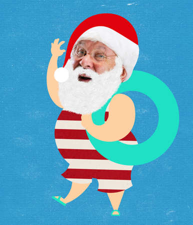 Funny cartoon Santa Claus celebrates New Year and Christmas holidays in exotic, tropical countries. Winter vacations. Contemporary art workの写真素材