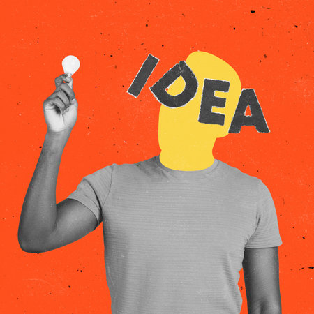 Contemporary artwork. Conceptual portrait of faceless man with idea introvert instead face. Human emotions, ideas, mental health concept.の写真素材