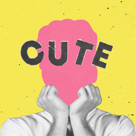 Contemporary artwork. Conceptual portrait of faceless man with word cute instead face. Human emotions, psychology, mental health concept.の写真素材