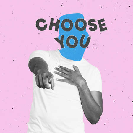 Conceptual portrait of faceless man with words choose you instead face. Human emotions, psychology, mental health concept. Surrealismの写真素材