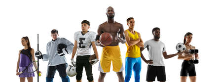 Multiethnic sport team. Tennis, hockey, soccer football and basketball players standing isolated on white background.の写真素材
