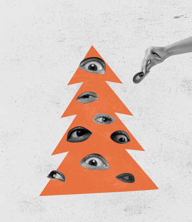 Concept of Merry Christmas, 2022 New Year. Winter, holiday mood. Contemporary art collage. Creative christmas tree with open human eyesの写真素材