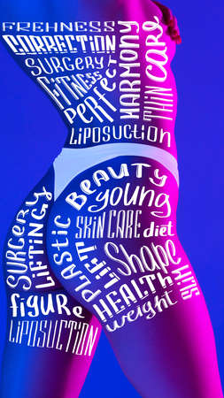 Collage with womens slim body, hips, bottocks and belly with lettering on skin. Lifting, beauty,...