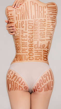 Collage with womens slim body, hips, bottocks and belly with lettering on skin. Lifting, beauty, bodycare, cellulite and healthy lifestyle concept.の写真素材