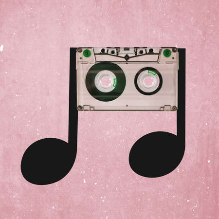 Contemporary art collage, modern design. Composition with drawn black music note. Idea, imagination, aspirationの写真素材