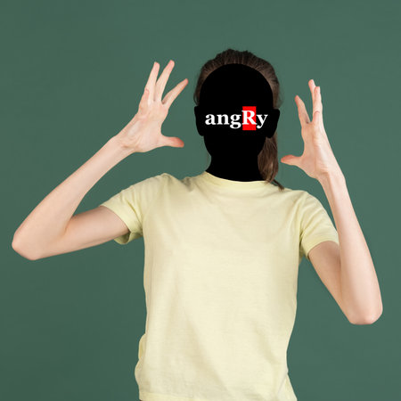 Contemporary artwork. Conceptual portrait of faceless girl with word angry instead face. Human emotions, psychology, mental health concept.の写真素材