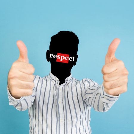 Conceptual portrait of faceless man with word respect instead face. Human emotions, psychology, mental health concept.の写真素材