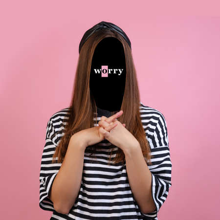 Contemporary creative portrait of faceless girl with word worry instead face. Human emotions,...