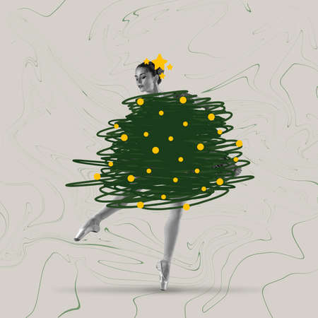Contemporary art collage. Design for postcard for New Year and Christmas 2022, Young woman wearing outfit like christmas treeの写真素材