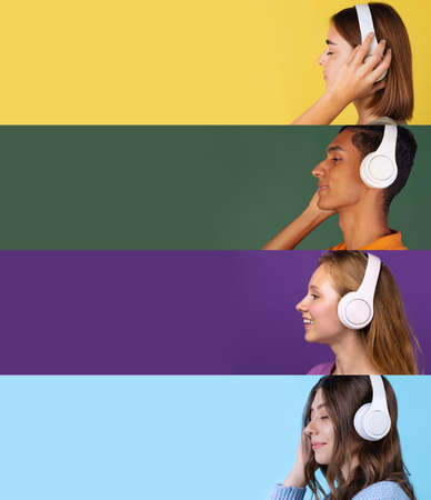 Composite image with portraits multiethnic young people listening to music on multicolored...