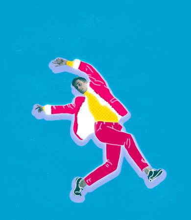 Contemporary bright art collage. Inspiration, idea, trendy urban magazine style. Composition with modern, stylish man in warm clothesの写真素材