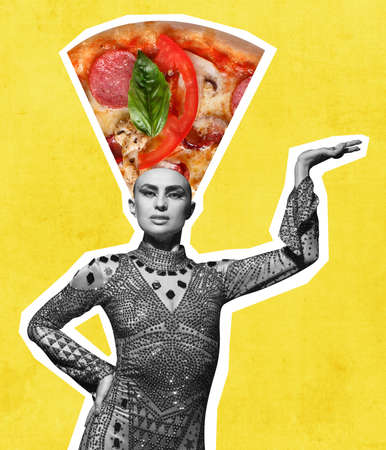 Contemporary art collage of beautiful stunning woman in image of Cleopatra with pizza headwear isolated over yellow backgroundの写真素材