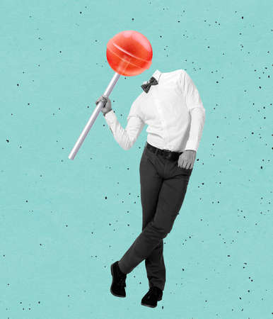 Contemporary art collage of man in official suit with lollipop head isolated over blue backgroundの写真素材