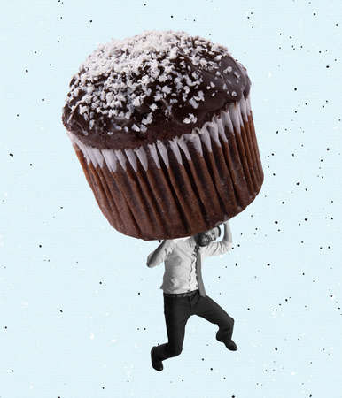Contemporary art collage of man holding big heavy chocolate muffin isolated over white backgroundの写真素材