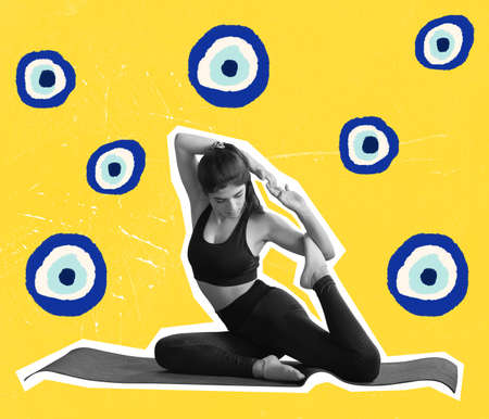 Contemporary art collage of young sportive woman doing yoga, stretching on rug isolated over yellow backgroundの写真素材