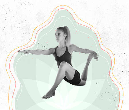 Contemporary art collage of sportive young woman practising yoga, doing body stretching exercises...