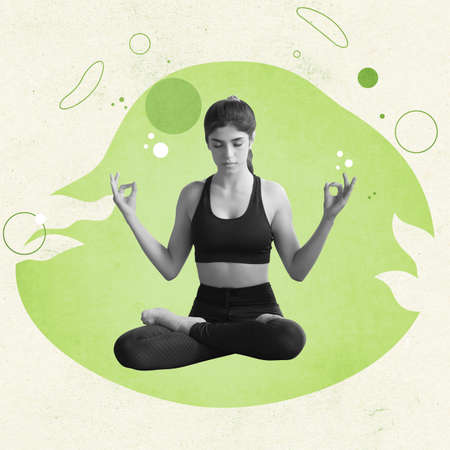 Contemporary art collage of calm woman practising yoga, sitting in lotus pose and meditating isolated over green backgroundの写真素材