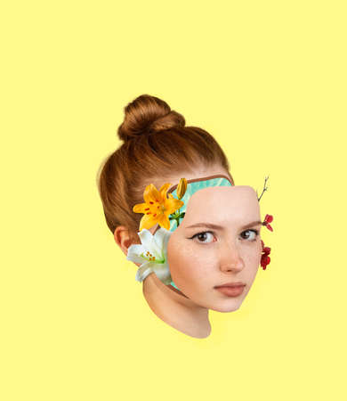 Contemporary art collage of beautiful young tender girl with blooming face part elements isolated...