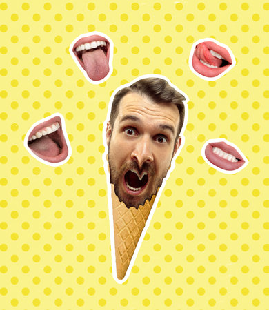 Contemporary art collage of of male head in ice cream cone and female mouth around isolated over yellow background.の写真素材