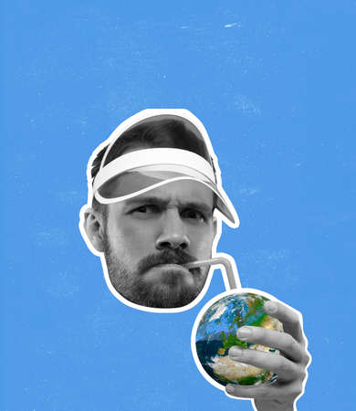 Contemporary art collage of man drinking from globe shape isolated olver blue background