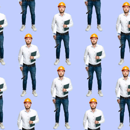 Pattern. High angle view of funny bearded man, builder, designer or architect with equipment...