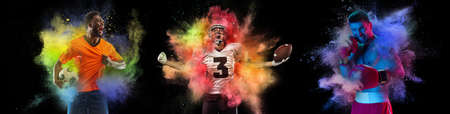 Collage with professional football players and boxer posing in explosion of paints and colorful...