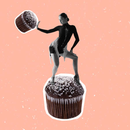 Contemporary art collage of young beautiful female, dancing on chocolate muffin with coconut flakes isolated over peach backgroundの写真素材