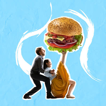 Contemporary art collage of couple, retro dancers holding bit tasty burger isolated over blue backgroundの写真素材