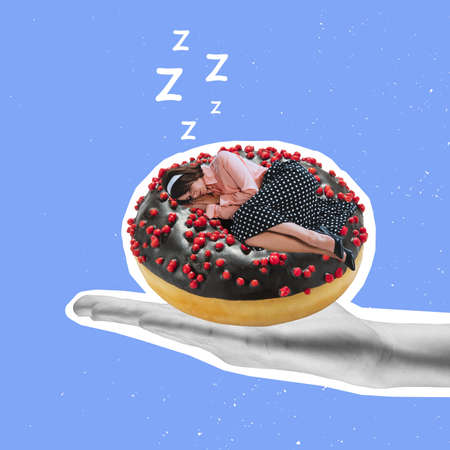 Contemporary art collage of woman sleeping in chocolate sweet donut isolated over blue background