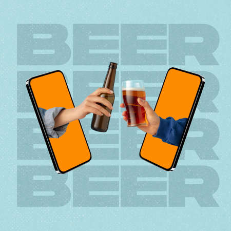 Contemporary art collage of two hands sticking out phone screen with glass and beer bottle isolated...