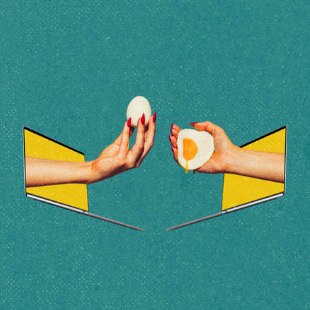 Contemporary art collage of female hands with eggs sticking out laptop screen isolated over green backgroundの写真素材